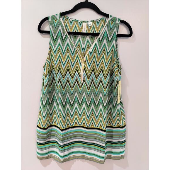 Tacera Tops - Tacera Women’s Small Green Chevron Sleeveless Blouse Gold Zip V-Neck Top